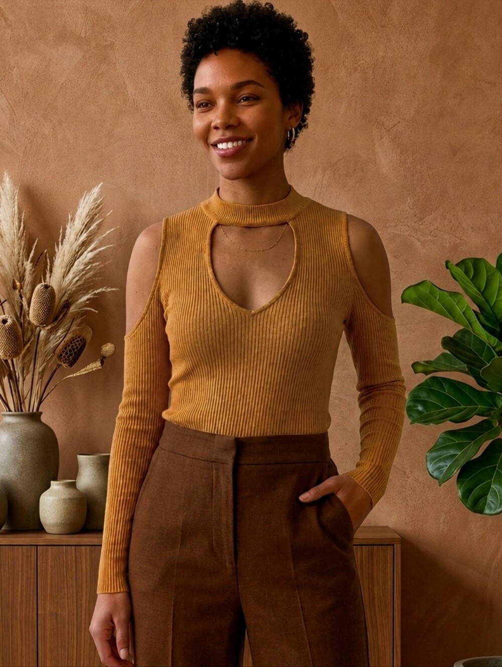 Charlotte Russe Cold Shoulder Mock Neck Cut Out Top